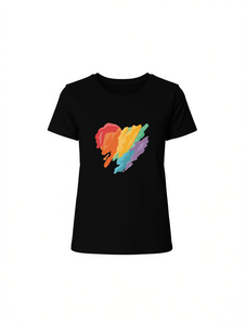 T-shirt da donna casual a maniche corte, vestibilità ampia, nera con stampa a cuore colorata, in tessuto morbido e traspirante, top estivo - Product Image 1