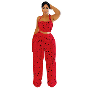 Nouvel ensemble pantalon deux pièces <span class=keywords><strong>pour</strong></span> <span class=keywords><strong>femme</strong></span>, imprimé pois décontracté, haut asymétrique tendance et pantalon à franges, ensemble 2 pièces <span class=keywords><strong>pour</strong></span> <span class=keywords><strong>femme</strong></span> - Product Image 5