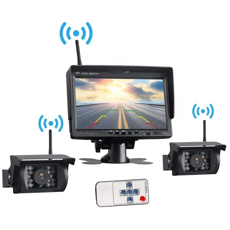 Kamera Keamanan Alat Bantu Mundur Mobil, Kamera Cadangan Mobil Penglihatan Malam Inframerah Lensa Ganda Monitor 7 Inci 2.4G Wifi