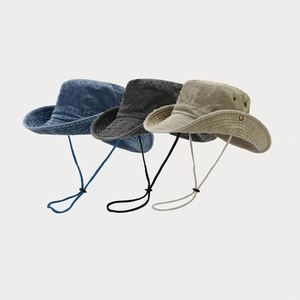 2025 New Arrival Solid Color Wide Brim Fisherman Hat Retro Washed Denim Casual <b>Sunscreen</b> 58cm Cowboy Hat with Windproof String - Product Image 1