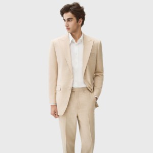 Completo da Uomo Due Pezzi su Misura del Produttore, Slim Fit, in Tessuto Elasticizzato con Fusing Interlining, Colore Kaki Chiaro, per Business, Cerimonie e Occasioni Formali, Confortevole - Product Image 1