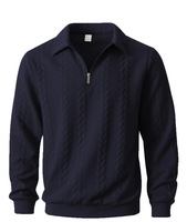 Pull-over à col à revers et demi-zip de style occidental, manches longues, en tissu jacquard terylène, décontracté et polyvalent pour homme