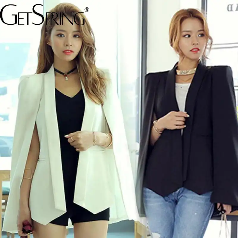 GetSpring Women Blazer Temperament長袖レディースブラックホワイトスーツ2022ケープスモールレディーススリムスーツジャケット秋のファッション