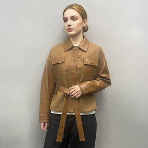 Custom <strong>Women</strong> Sleek Mixed Media Utility <strong>Jacket</strong> Autumn Winter Cozy Leather Linen Blend Coat with Daily Wear - Product Image 1
