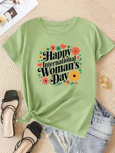 T-shirt per la festa internazionale della donna, per donna, manica corta, girocollo, stampa floreale, 100% cotone, stile casual primaverile vintage - Product Image 3
