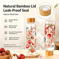 Fruitprint glazen waterfles met bamboe deksel, helder borosilicaatglas, groothandel