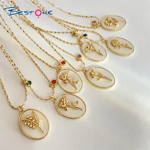 12 Style Birth Month Flowers Stone Pendant Necklace Brass Copper Pave with Zircon Shell Charms Necklace Necklaces for Women Girl