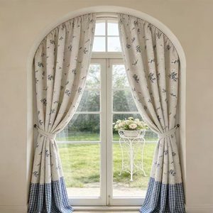 Custom French Country <strong>Curtains</strong> Blue <strong>Gingham</strong> Patchwork Floral Print Linen Drapes Vintage Lace Trim for Kitchen Bedroom - Product Image 3