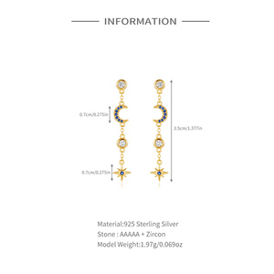 Boucles d'oreilles longues à pampilles en argent S925, motif géométrique étoile et lune - Product Image 6