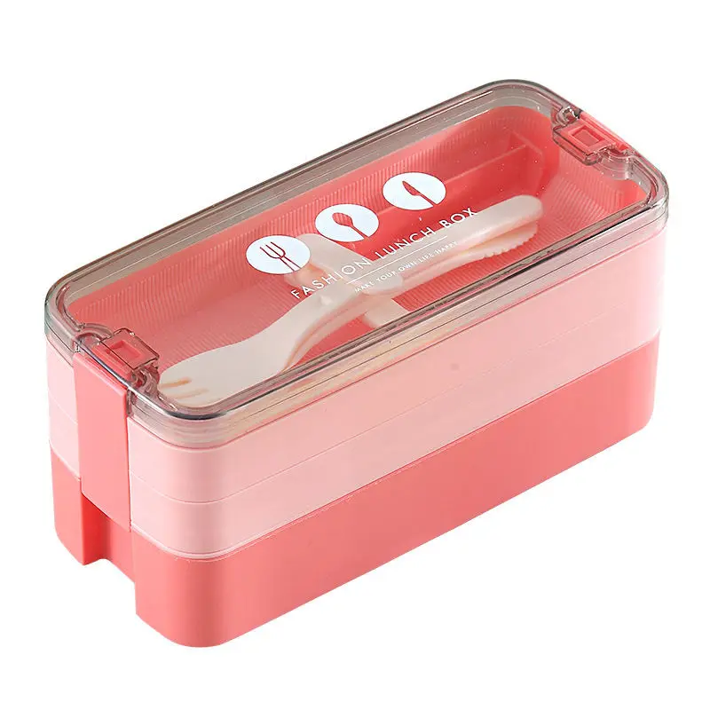 Draagbare Plastic Takeaway Voedsel Container Kids Volwassen Bento Lunch Box 3 In 1 Lekvrij 3 Lagen Lunchbox