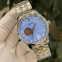 Jam Tangan Otomatis Valerius Men, Dial Tekstur Gelombang Biru Es dengan Desain Open Heart Skeleton, Tali Baja Tahan Karat