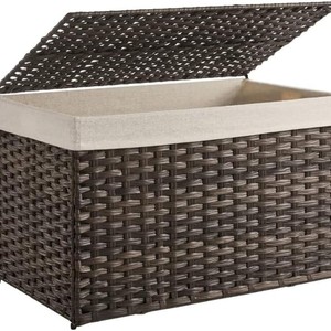 Plastic Wicker Laundry <b>Basket</b> With Lid Rectangle <b>Foldable</b> Clothing Organizer For Laundry Room Canvas Liner Standing Type - Product Image 1
