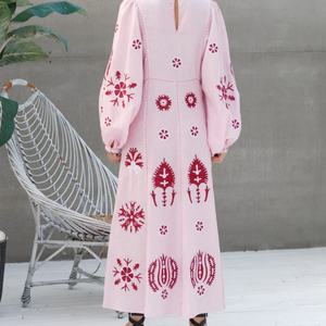 Robe élégante en coton et lin personnalisable, col rond, style décontracté, manches longues, robe midi d'été pour femmes - Product Image 2