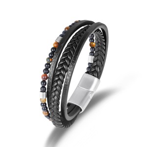 Pulsera de Cuero Trenzado Minimalista <span class=keywords><strong>para</strong></span> Hombre, <span class=keywords><strong>Cuentas</strong></span> de Piedra Volcánica Natural, Cierre Magnético de Acero Inoxidable, Joyería de Moda al por Mayor - Product Image 1
