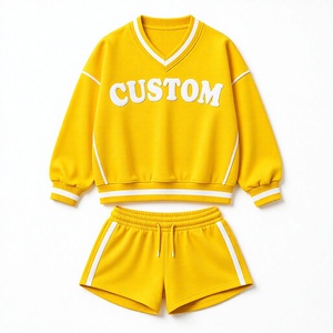 Women's Yellow 2-Piece V-Neck Sweatshirt Above-Knee Shorts <b>Set</b> Loose Fit <b>Knitted</b> Cotton Casual Quick Dry Eco-Friendly Breathable - Product Image 1