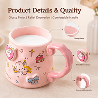 Mug en céramique rose mignon avec motif lapin en relief 3D, nœud et pêche, tasse à café créative avec poignée incurvée, cadeau pour la maison, OEM ODM, vente en gros