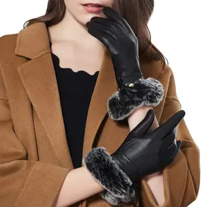 Guantes cálidos de piel sintética para mujer, guantes de conducción de piel de cabra, de piel de oveja, con pantalla táctil negra y marrón para invierno, guantes de piel de conejo Rex