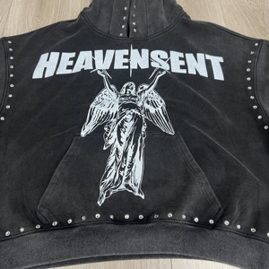 定制法式毛圈布 500 克/平方米 复古酸洗 DTG 印花水钻水晶宽松版型男士连帽衫 - Product Image 3