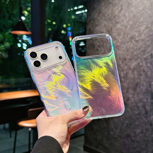 Ốp điện thoại <span class=keywords><strong>iPhone</strong></span> 12 13 14 15 16 17 Pro Max năm <span class=keywords><strong>2025</strong></span>, kiểu dáng mới, màu gradient, mạ hologram, họa tiết lông vũ, tích hợp nam châm - Product Image 1