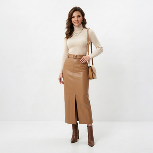 Women Breathable Embroidered Genuine Leather Knee-Length High Waist A-line Solid Color Side Slit Casual <b>Office</b> <b>Skirt</b> - Product Image 1