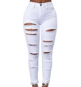 Rendah MOQ Trendi Celana Putih Hitam Kurus Denim Robek Jeans Stretch Jatuh Celana untuk Wanita