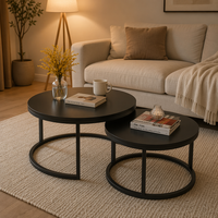 Table basse gigogne moderne noire avec structure en acier pour salon, usage domestique, table d'appoint d'appartement