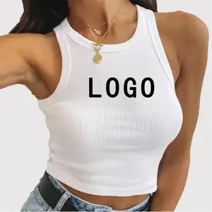 Chaleco de verano con logotipo personalizado para mujer, camiseta sin mangas de algodón blanco acanalada para mujer, camiseta sin mangas con espalda cruzada