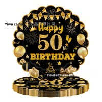 Nouvel ensemble de vaisselle jetable noir et or à bordure dentelle pour anniversaires de 50 ans, comprenant assiettes en papier, cuillères, gobelets et nappe