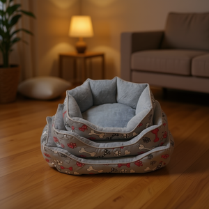 Cuccia Quadrata per Animali Domestici in Tessuto Oxford Stampato Grigio Osso e Pelliccia di Coniglio - Product Image 3