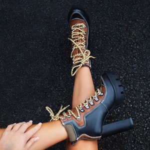 High Top Color Block PU Upper Platform Round Toe Women Ankle Boots Fashion Lace up Chunky High Heel Short <b>Booties</b> for Ladies - Product Image 5