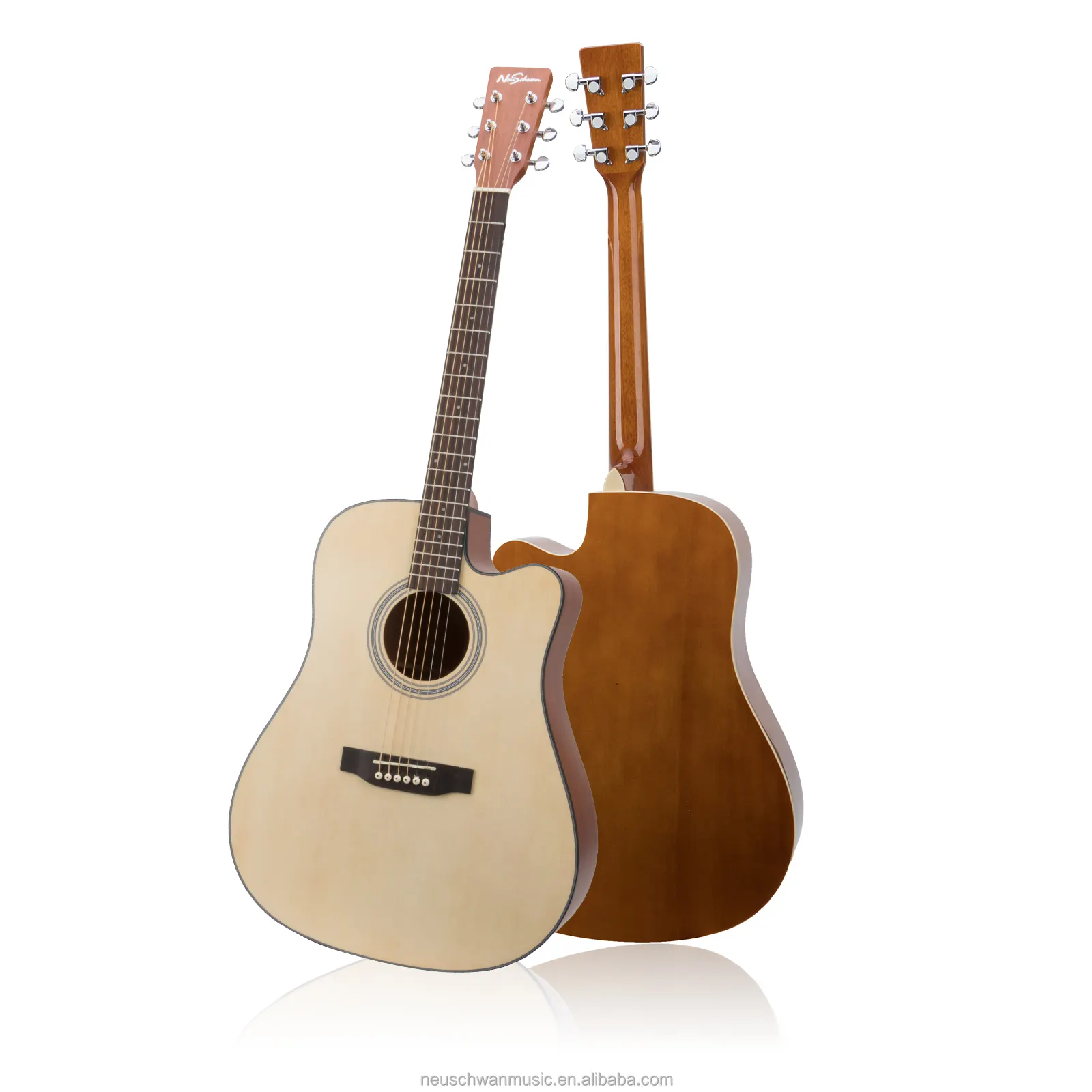 Guitarra acústica de madera de tilo laminada, parte trasera de abeto, superior, venta al por mayor de fábrica OEM
