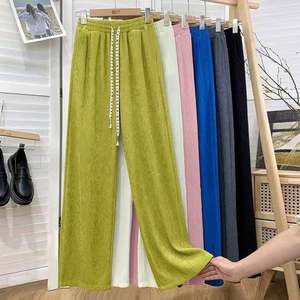 I-0524 Nuevos pantalones anchos de seda helada para mujer, pantalones largos de verano de cintura alta, ajustados, sueltos, de pierna recta, informales - Product Image 1