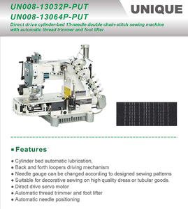 Machine à coudre à point de chaînette double à 13 aiguilles à entraînement direct et lit cylindrique UN008-04085P avec coupe-fil automatique et relevage du pied presseur - Product Image 2