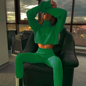 Enyami Trang Phục Đô Thị Mùa Đông Trang Phục Nữ Dệt Kim Áo Lửng Cổ Lọ Áo Len Quần Legging Bộ Đồng Phục Nữ - Product Image 2