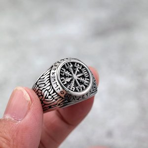 Retro Stainless Steel Men's <b>Ring</b> Viking Compass Runes Round Geometric Design Gift Jewelry - Product Image 4