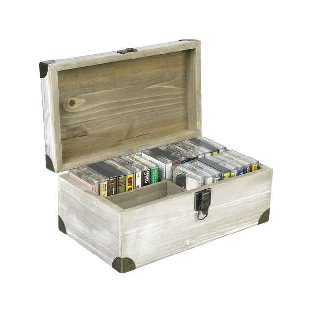 New Style Folk Art Polished Natural Wood Eco-Friendly Retro Audio Cassette Tape Storage Box with Vintage Brass Metal Bracket