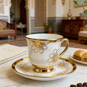Service à thé en céramique décoré plaqué or de luxe, fabriqué en Jordanie, tasses à café turques en porcelaine fine avec soucoupes pour café et mariage - Product Image 4