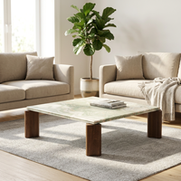 Table basse carrée en marbre naturel vert avec pieds en bois de frêne, 115 cm, style Sabi Wabi japonais, tables basses de luxe en pierre