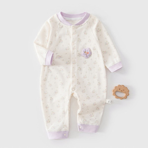 Combinaison pour bébé, printemps-automne, avec de petites fleurs violettes, en coton tricoté pour les nouveau-nés - Product Image 1