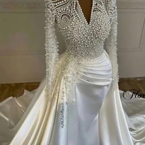 S0908R 2026 Nuovo Abito da Sposa a Sirena in Raso di Alta Qualità con Perle Pesantemente Applicate a Mano, Stile Regina, 2 Modi di Indossare - Product Image 2