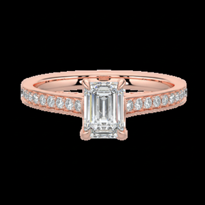 Bague diamant solitaire pavée d'émeraude en or rose - Product Image 1