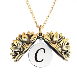 Ywganggu Open Sunflower Letter Custom Pendant Fashion Jewelry Necklaces Stainless Steel Engrave Initial Letter Necklace