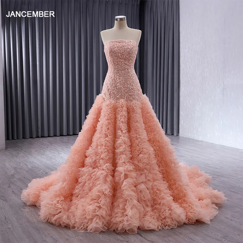 Vestido de festa luxuoso com lantejoulas e cristal para mulheres, vestido de noiva de cor laranja com babados de tule princesa Rsm241024