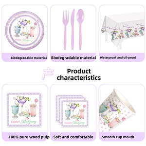 ชุดอุปกรณ์บนโต๊ะอาหารแบบใช้แล้วทิ้งสำหรับงานเลี้ยงวันเกิดธีมอีสเตอร์ แก้วไวน์ลายไพ่นกกระจอก จานกระดาษ ผ้าปูโต๊ะตกแต่ง-สีม่วง ชมพู เขียว - Product Image 5