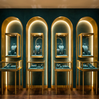 Vitrine murale et sur pied à deux niveaux pour bijoux, cadre or champagne, éclairage LED, pour magasin de diamants