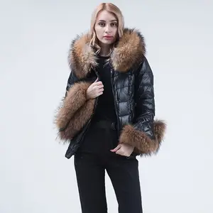 Ladies Down Filled Coat with Hood Raccoon Fur Collar and Cuff Removable Winter Women Down Coat