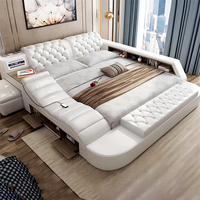Lit intelligent en cuir de luxe, taille king, avec projecteur de massage, cadre en bois moderne, lit double multifonctionnel, ensemble de meubles de chambre à coucher