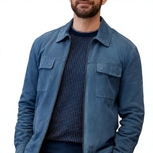 Men's Blue <b>Suede</b> Shirt <b>Jacket</b> With Pockets Turn-down Collar Zipper Closure Workwear Style Autumn Wear Wholesale OEM service - Product Image 1