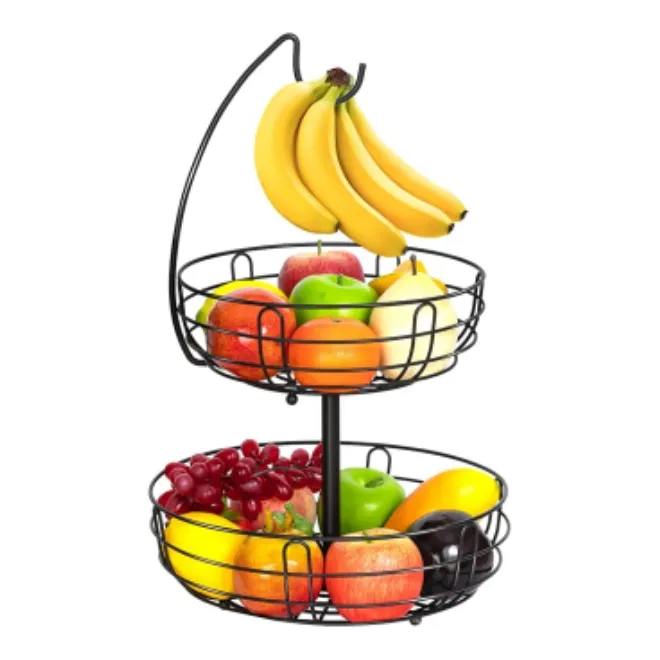 2-tiers metal wire fruit storage basket with banana hook for living room