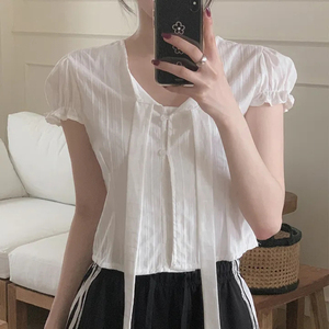 T-shirt blanc à manches bouffantes pour femme avec col en V à lacets, chemisier décontracté doux et mignon pour filles, vente en gros OEM - Product Image 5